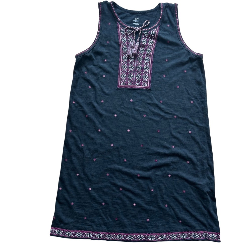 J. Jill Embroidered Aztec Boho Dress Sleeveless L Black Pink Tassel Festival